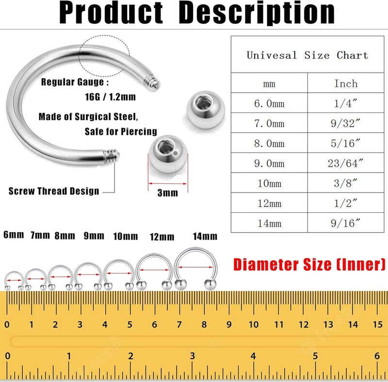 Earmark 7Pairs 6/7/8/9/10/12/14MM Surgical Steel Horseshoe Small Septum Rings Smiley Piercing Jewelry Circular Curved Barbell Piercing Hoops Set for Nose Nipple Nostril Cartilage Helix Daith Tragus Lip Eyebrow - Image 1